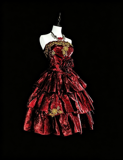 Retro Burgundy Satin Appliques Layered A Line Short Graduation Homecoming Dress,Strapless Mini Birthday Dress SP3393