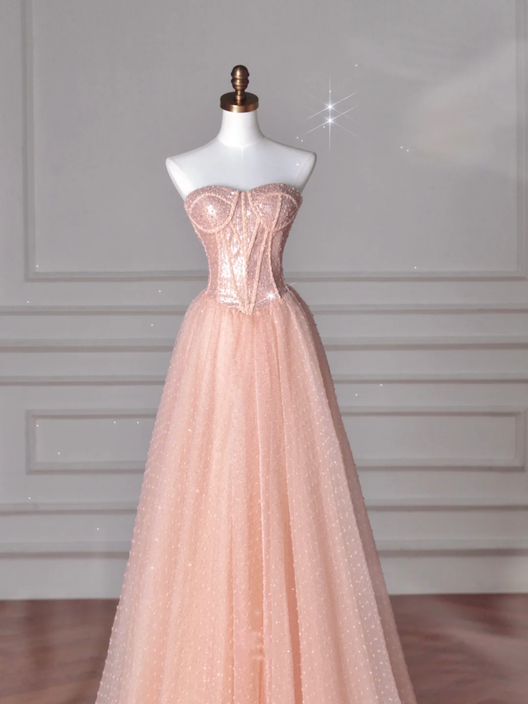 Pretty Peach Pink Strapless Sequins Tulle A Line Long Prom Dress Evening Dress Y8645