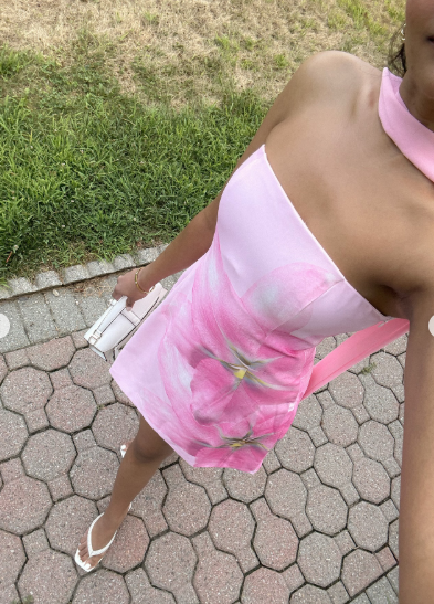 Pretty Pink Spaghetti Straps Satin Printed Floral Short 18th Birthday Outfits Homecoming Dress With Ribbon SP50