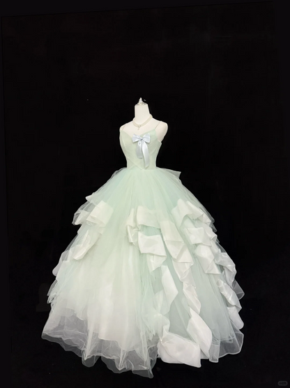 Sweet Spaghetti Straps Mint Green Tulle Ball Gown Formal Quinceanera Dress With Bow SP2218