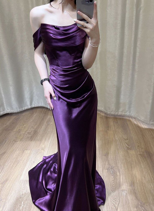 Purple Satin Off Shoulder Long Evening Dress, Satin Prom Dress Y7440