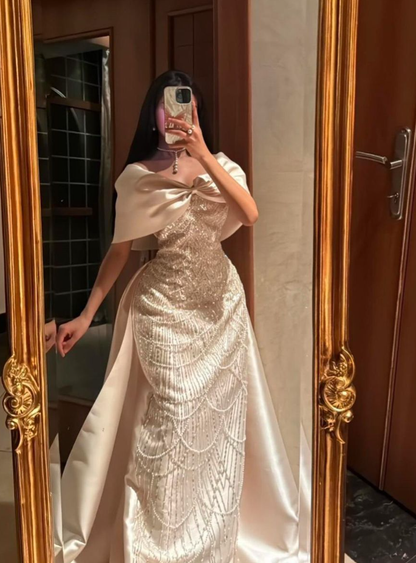 Elegant Ivory Bow Off The Shoulder Satin Sequin Beaded Long Evening Dress Prom Gown SP731