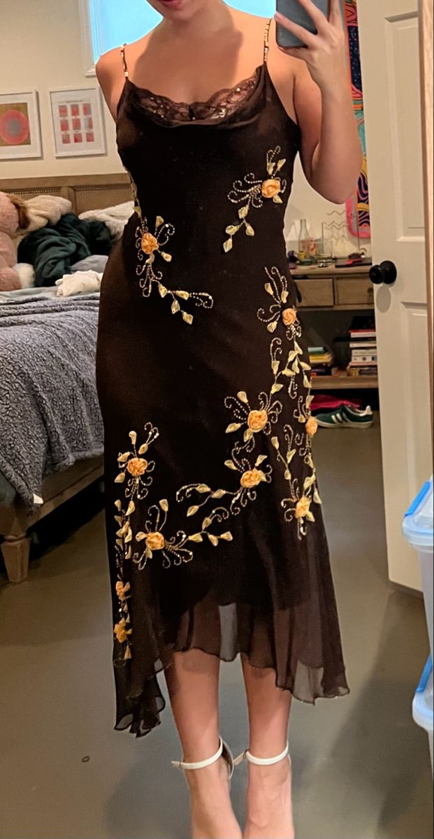 Classy Spaghetti Straps Chiffon Beaded Floral Mermaid Party Dress Black Long Evening Gown SP4247