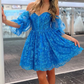 Blue Off-the-Shoulder Puff Sleeves A-line Applique Homecoming Dress Y2903