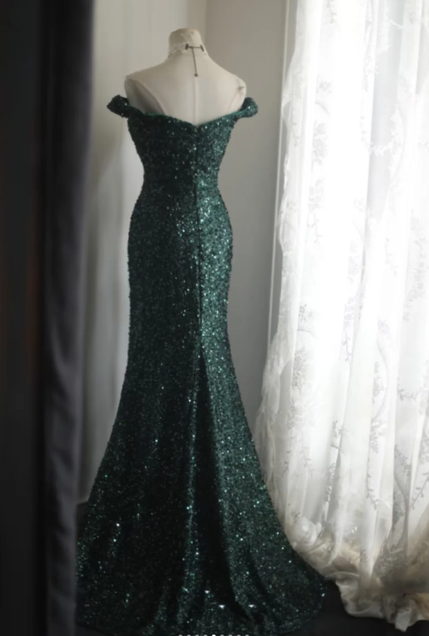 Vintage Off The Shoulder Green Sequin Slit Mermaid Wedding Guest Dress Long Party Dress SP1261