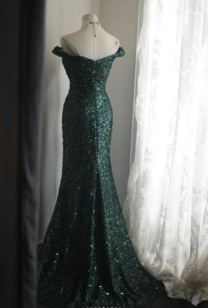 Vintage Off The Shoulder Green Sequin Slit Mermaid Wedding Guest Dress Long Party Dress SP1261