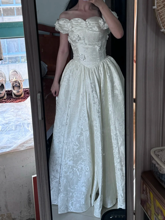 Elegant White Off The Shoulder Satin Print Floral Long Party Dress 16th Birthday Dress SP2069