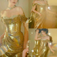 Sparkly Gold Sequin Beaded Evening Dress Off The Shoulder Mermaid Prom Dress Y8812