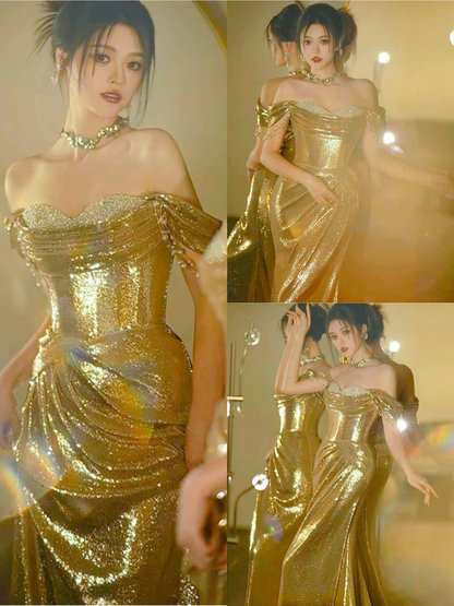 Sparkly Gold Sequin Beaded Evening Dress Off The Shoulder Mermaid Prom Dress Y8812