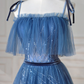 Pretty Blue Spaghetti Straps Tulle Sequins A Line Prom Dress Evening Dress Y8634