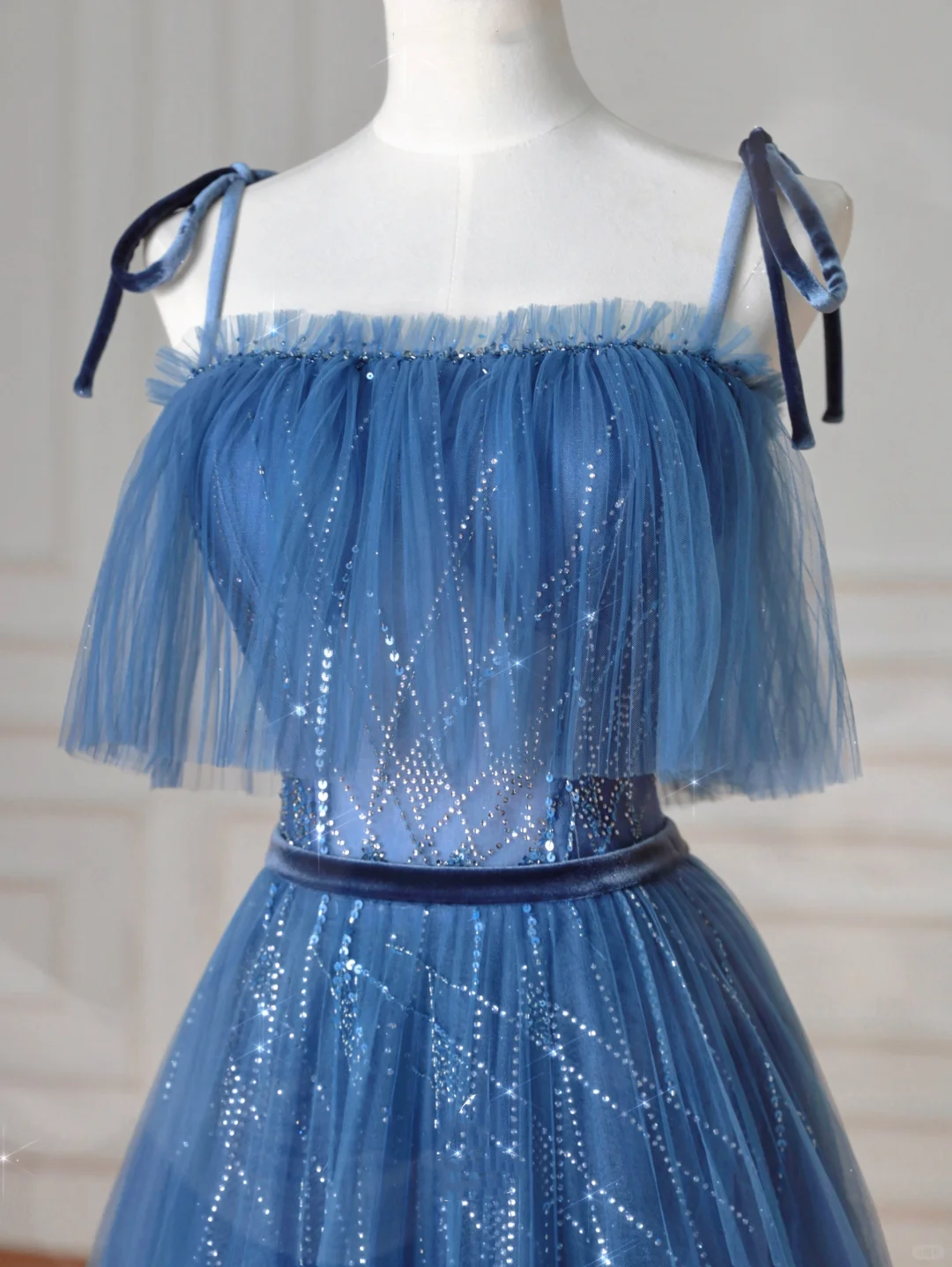 Pretty Blue Spaghetti Straps Tulle Sequins A Line Prom Dress Evening Dress Y8634