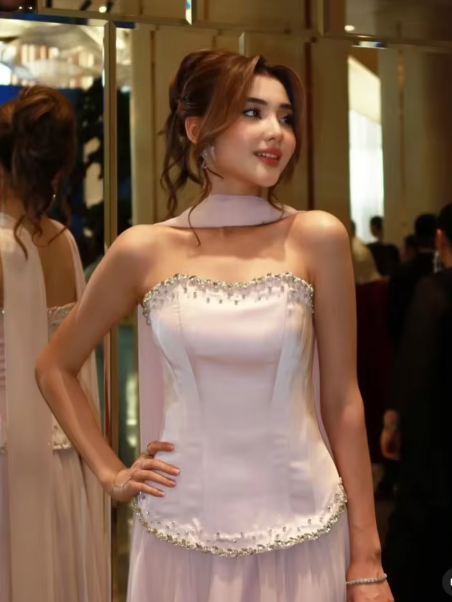 Elegant Strapless Pink Satin Beaded Chiffon Mermaid Party Dress Prom Dress With Ribbon SP536