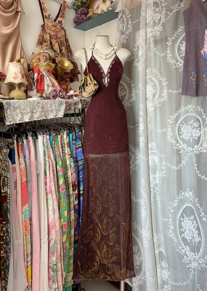 Vintage Halter V Neck Tulle Sequin Sheath Long Party Dress Evening Dress SP1716