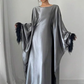 Fashion Satin Long Formal Evening Dress Long Sleeves Prom Dress With Feathers Y7571