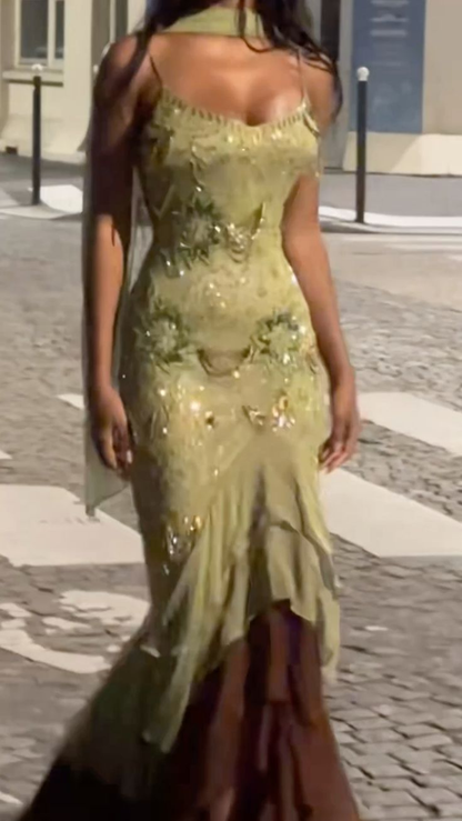 Classy Spaghetti Straps Sage Green Chiffon Beaded Mermaid Long Party Dress Birthday Outfits SP902