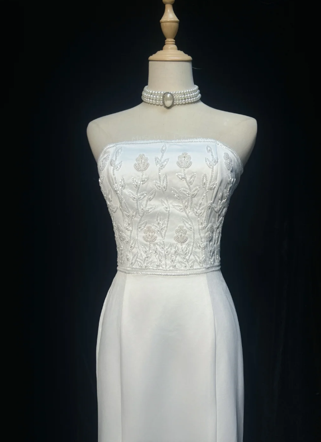 Charming Strapless Satin Beaded Mermaid Evening Dress White Long Birthday Dress SP1790