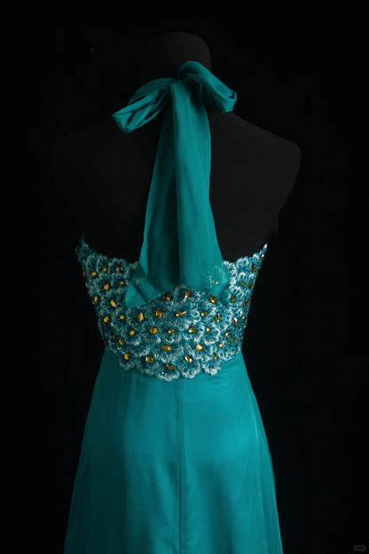 Chic Halter Teal Chiffon Beaded Embroidery Long Birthday Party Dress Prom Gowns SP2153