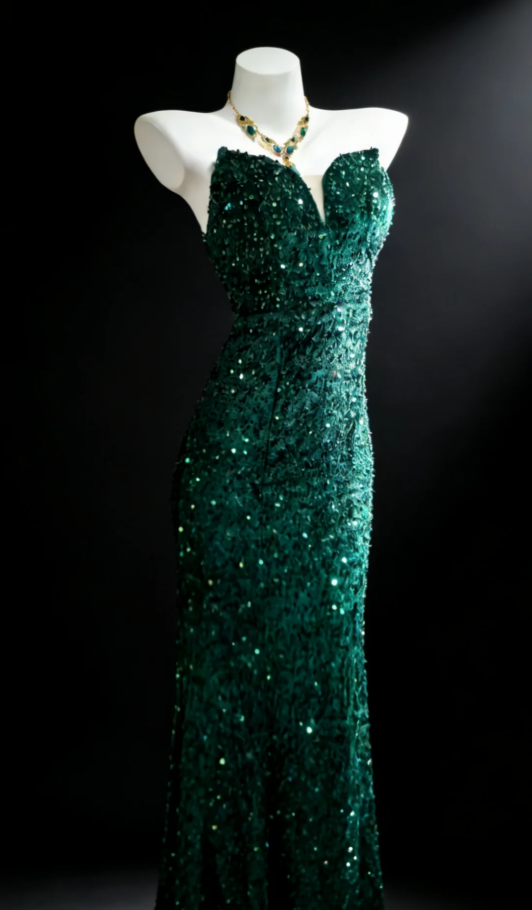 Sparkly Dark Green Sequin Strapless Mermaid Long Party Dress Prom Gown SP1583