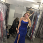 Charming Blue Sheath Lace Long Evening Dress with Slit Y6323