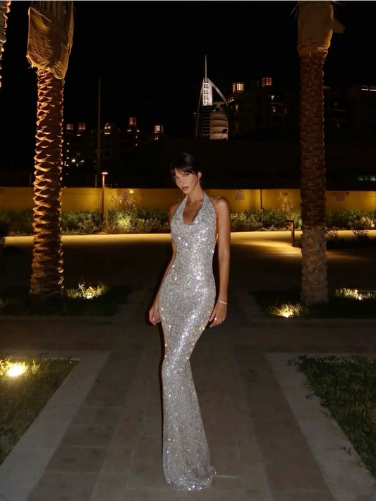 Glitter Silver Halter Sequin Mermaid Long Party Dress Formal Wedding Guest Dress SP1374