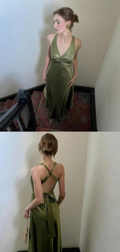 Classy V Neck Olive Green Satin Long Prom Dress Evening Dress SP3761