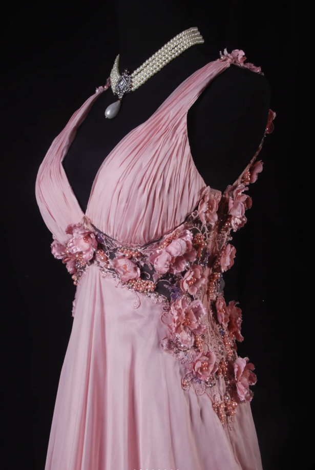 Fairy Pink V Neck Chiffon Beaded Mermaid Long Evening Dress 18th Birthday Outfits With Appliques SP1700