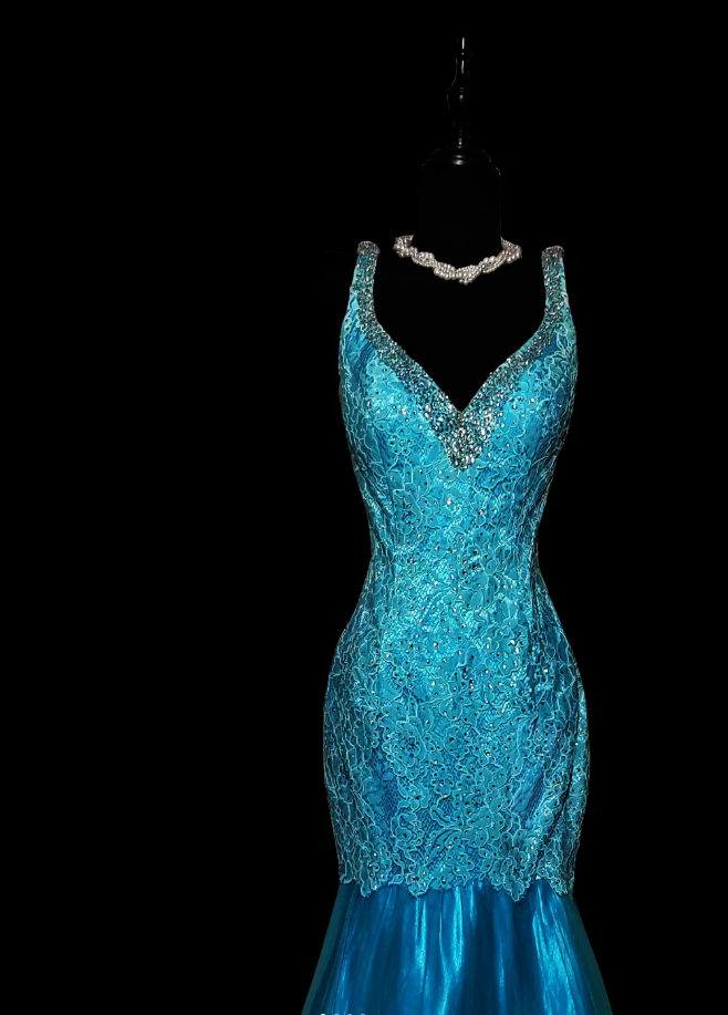 Charming Blue V Neck Lace Satin Beaded Mermaid Party Dress Long Prom Dresses SP441