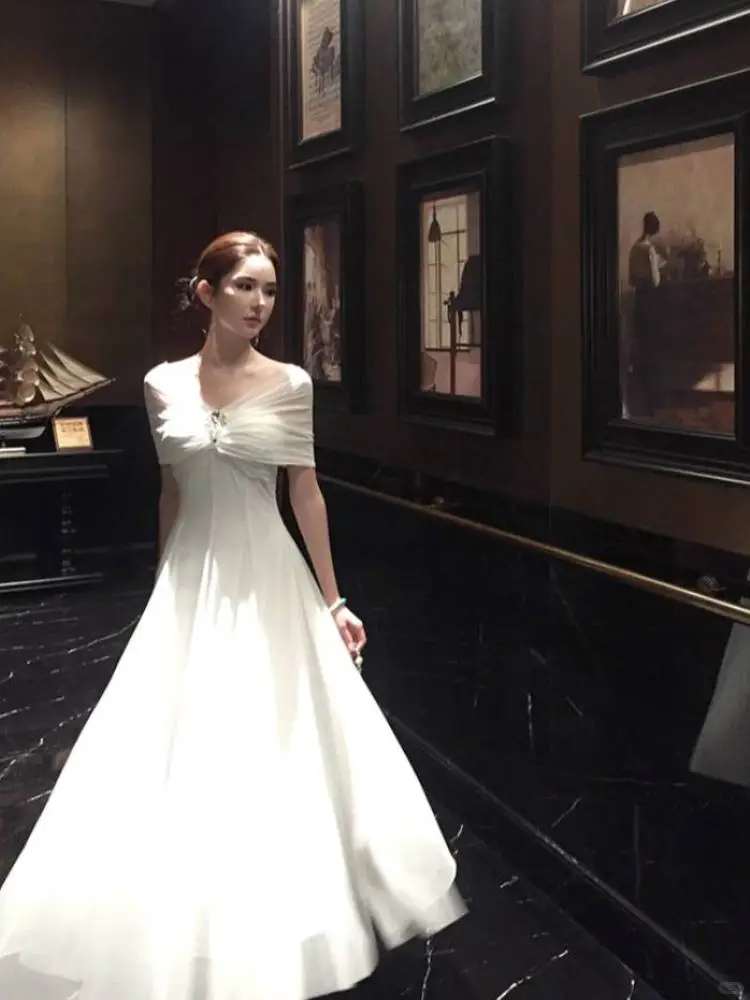 Elegant White Off The Shoulder Chiffon A Line Long Birthday Dress Evening Dress SP2295