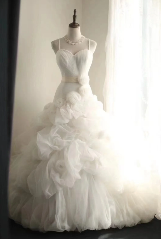 Charming Spaghetti Straps White Tulle Pleated Mermaid Long Wedding Dress Bridal Dress SP1212