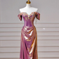 Classy Purple Satin Beaded Mermaid Prom Dress,Off The Shoulder Long Evening Dress Y8605