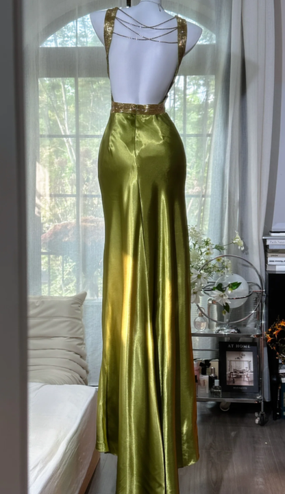 Fashion Olive Green V Neck Satin Sequin Mermaid Long Evening Dress Backless Birthday Prom Dress SP1669