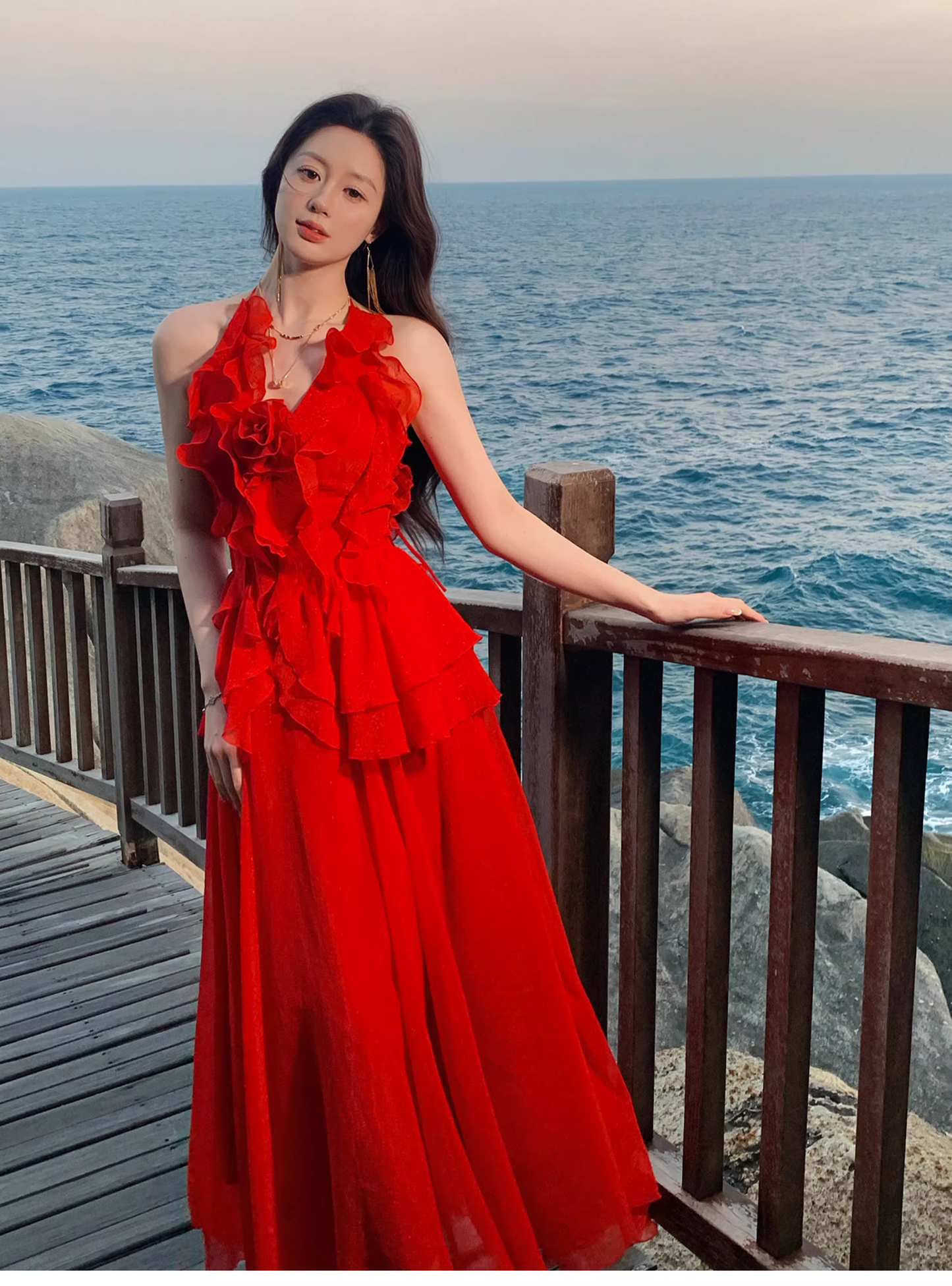 Sexy Red Halter Chiffon Ruffles Long Party Dress Prom Dress SP1973