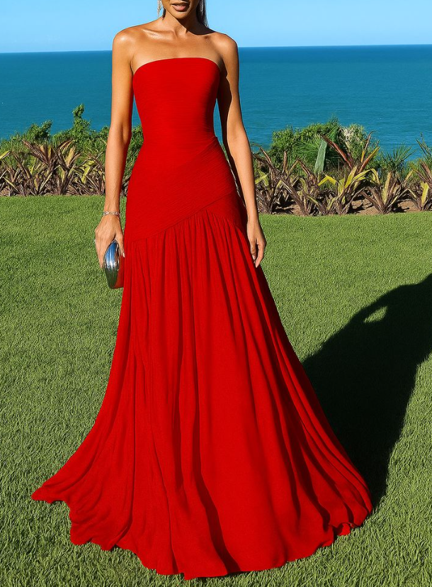 Sexy Strapless Red Chiffon Pleated Mermaid Long Evening Dress Wedding Guest Dress SP399