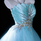 Pretty Strapless Ball Gown Blue Satin Pleated Tulle Beaded Long Evening Dress Birthday Dress SP1839