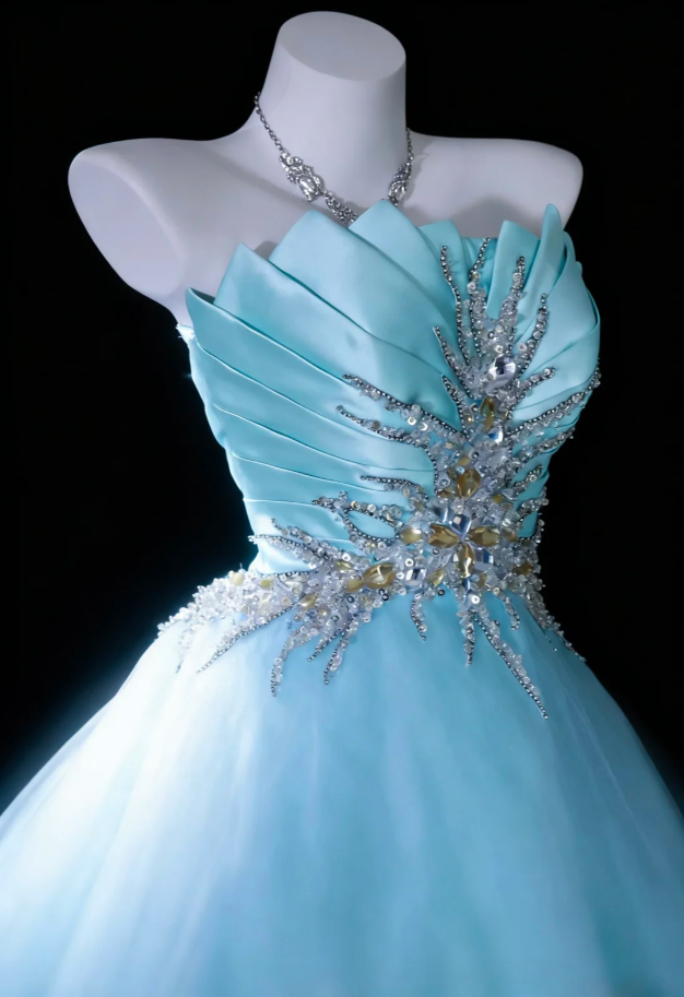 Pretty Strapless Ball Gown Blue Satin Pleated Tulle Beaded Long Evening Dress Birthday Dress SP1839