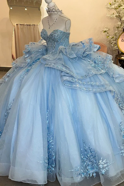 Pretty Blue Sweetheart Neck Tulle Sequin Appliques Sweet 16 Dress Formal Quinceanera Dress SP489