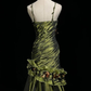 Vintage Dark Green Irregular Neckline Satin Beaded Evening Dress,Ruched Mermaid Prom Dress Y8560