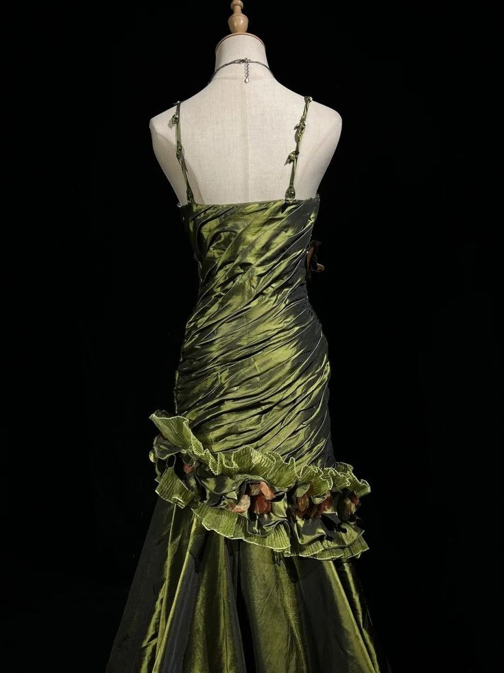 Vintage Dark Green Irregular Neckline Satin Beaded Evening Dress,Ruched Mermaid Prom Dress Y8560