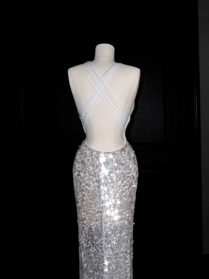 Sexy V Neck Silver Sequins Backless Mermaid Prom Dress Evening Dress  Y8680
