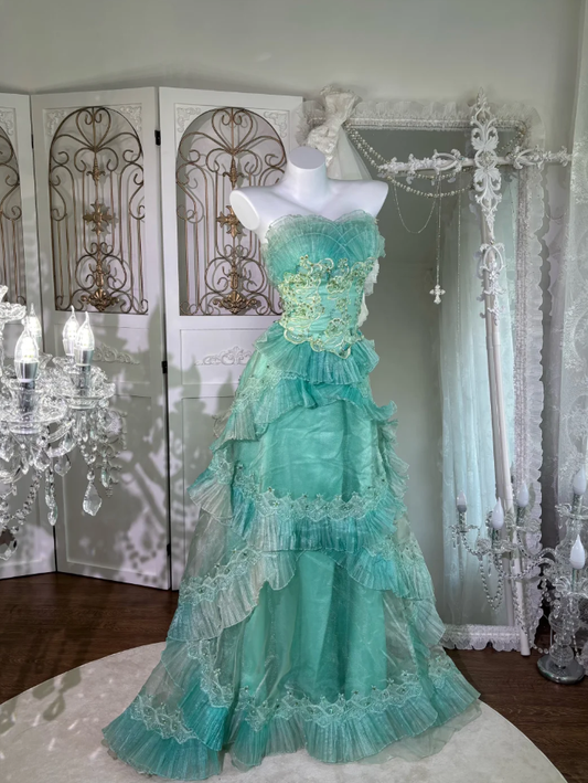 Chaming Mint Green Tulle Beaded Ruffles Long Wedding Guest Dress Strapless Birthday Party Dress SP1457