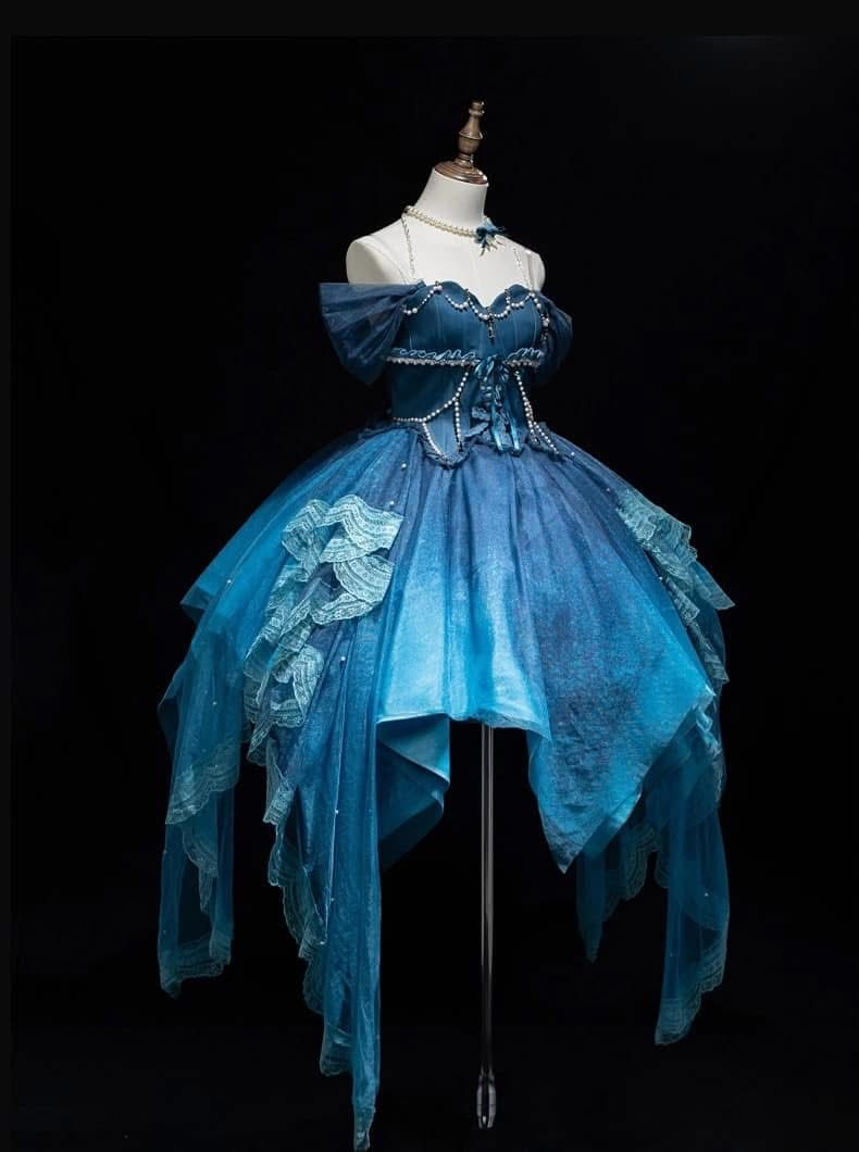 Beautiful Off The Shoulder Blue Chiffon Lace Formal Homecoming Dress 19th Birthday Dress Y9876