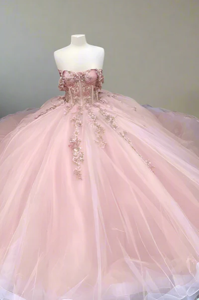 Pink Glitter 3D Flowers Beaded Ball Dress Beautiful Pink Princess Dresses  Y1132