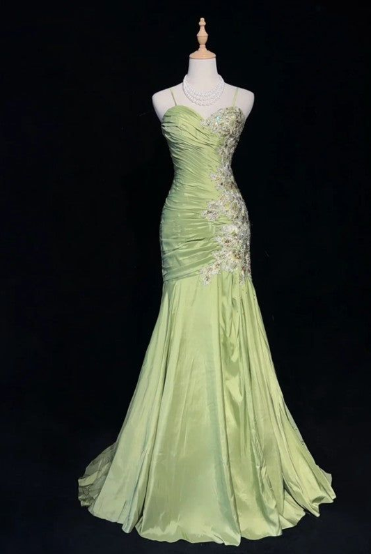 Vintage Green Mermaid Satin Beaded Sequin Evening Dress,Spaghetti Strap Long Prom Dress Y8556