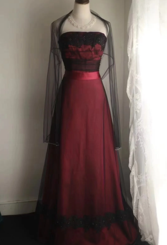 Vintage Strapless Burgundy Satin Lace Beaded Long Evening Dress Birthday Prom Dresses SP1234