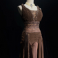 Vintage Brown Satin Chiffon Beaded Mermaid Long Party Dress Birthday Prom Dress SP1860