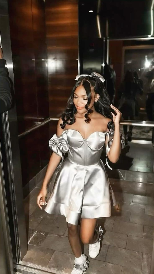 Fashion Silver Gray Satin A Line Short Homecoming Dress,Off The Short Mini Cocktail Dress SP2498
