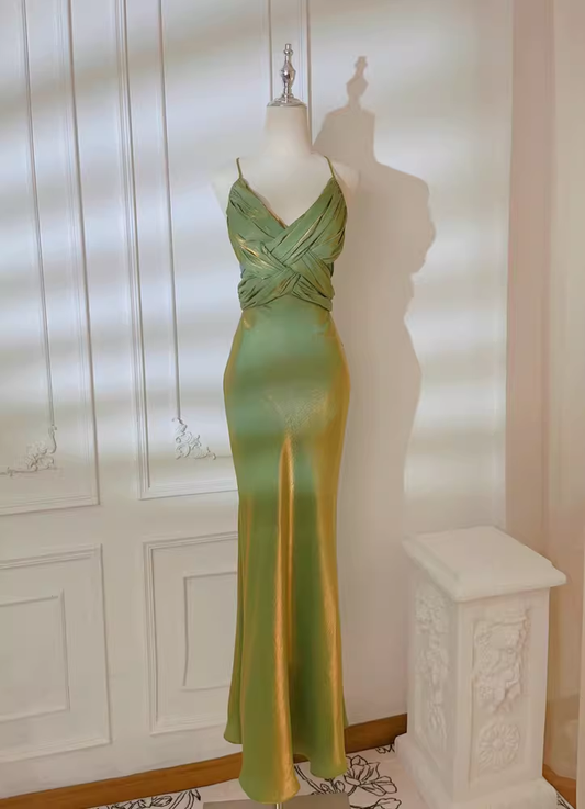 Elegant Green Spaghetti Straps Satin Mermaid Long Party Dress Formal Wedding Guest Dress SP1980