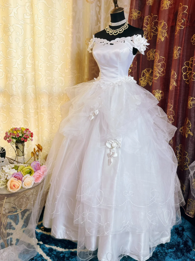 Pretty White Off The Shoulder Tulle Beaded Appliques Long Wedding Dress Formal Bridal Gowns SP1612