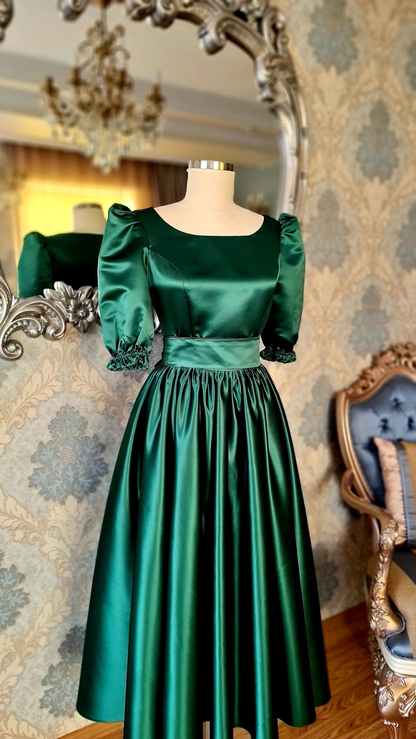 Modest Green Satin Midi-length Prom Dress,Green Party Dress  Y4969