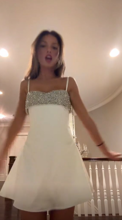 Elegant Spaghetti Straps White Satin Beaded A Line Short Homecoming Dress Birthday Outfits SP2878